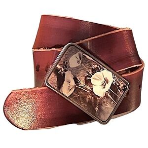FluffyCo Hand Tooled Red Brown Leather Belt With Pansy Photo Belt Buckle 32-35 M